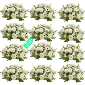 12 Bundles Peony Artificial Flowers, Peonies Artificial Flowers with Peonies and Daisies, Fake Peony Flower Bouquets for Home Decor, Wedding, Table Centerpieces, Indoor & Outdoor Use (White)
