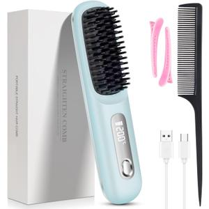 Go Brush Pro, 2026 Cordless Hair Straightener Brush 3 Adjustable Temperature Portable USB Charging Straightener Suitable for All Hair Types (Light Blue)