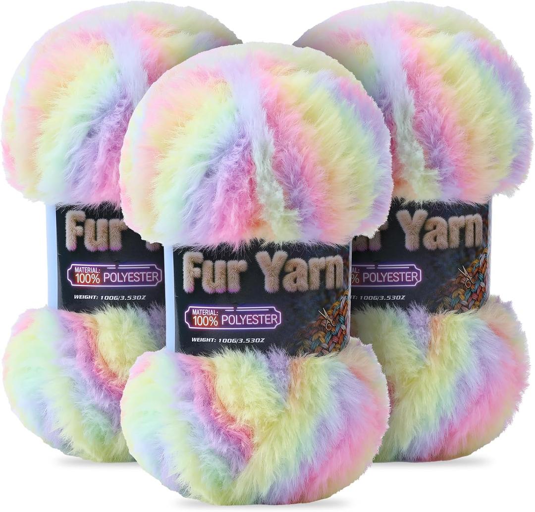 Faux Fur Yarn Soft Fluffy for Crocheting - 3 Skeins(Each 3.5oz/100g, 71yd/65m) - Chunky & Fluffy Yarn for Crochet Amigurumi, Blankets, Hand Knitting, Scarves &Crafts (3, Colorful Yellow+Pink+Purple)