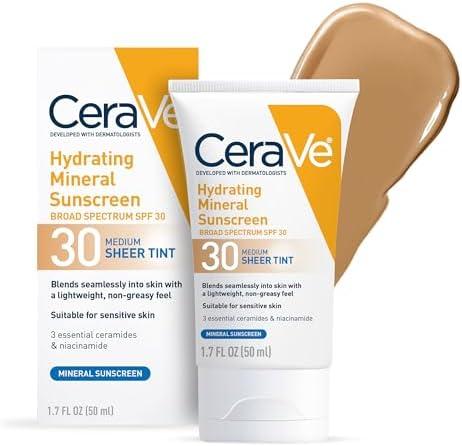 CeraVe Hydrating Mineral Sunscreen SPF 30 with Sheer Tint, Tinted Mineral Sunscreen with Zinc Oxide & Titanium Dioxide, Blends Seamlessly For Healthy Glow, Medium, 1.7 Fluid Ounce