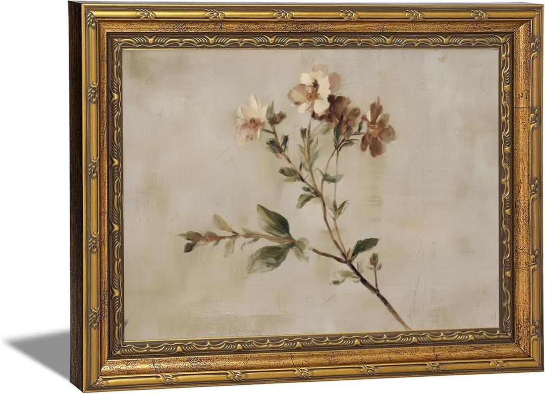 Vintage Gold Framed Wildflower Wall Art, Ornate Botanical Meadow Floral Print, Antique Nature Canvas Artwork for Bathroom, Bedroom, Rustic Decor, 16x24 Inch