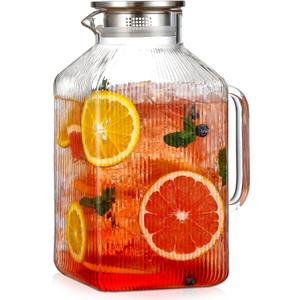 1 Gallon thickened Square Glass Pitcher with Lid, Classic Stripes Water Pitchers for Fridge, Borosilicate Glass Carafe for Hot/Cold Brew Drink, Extra Large Jug with Handle for Iced Tea, Coffee, Juice