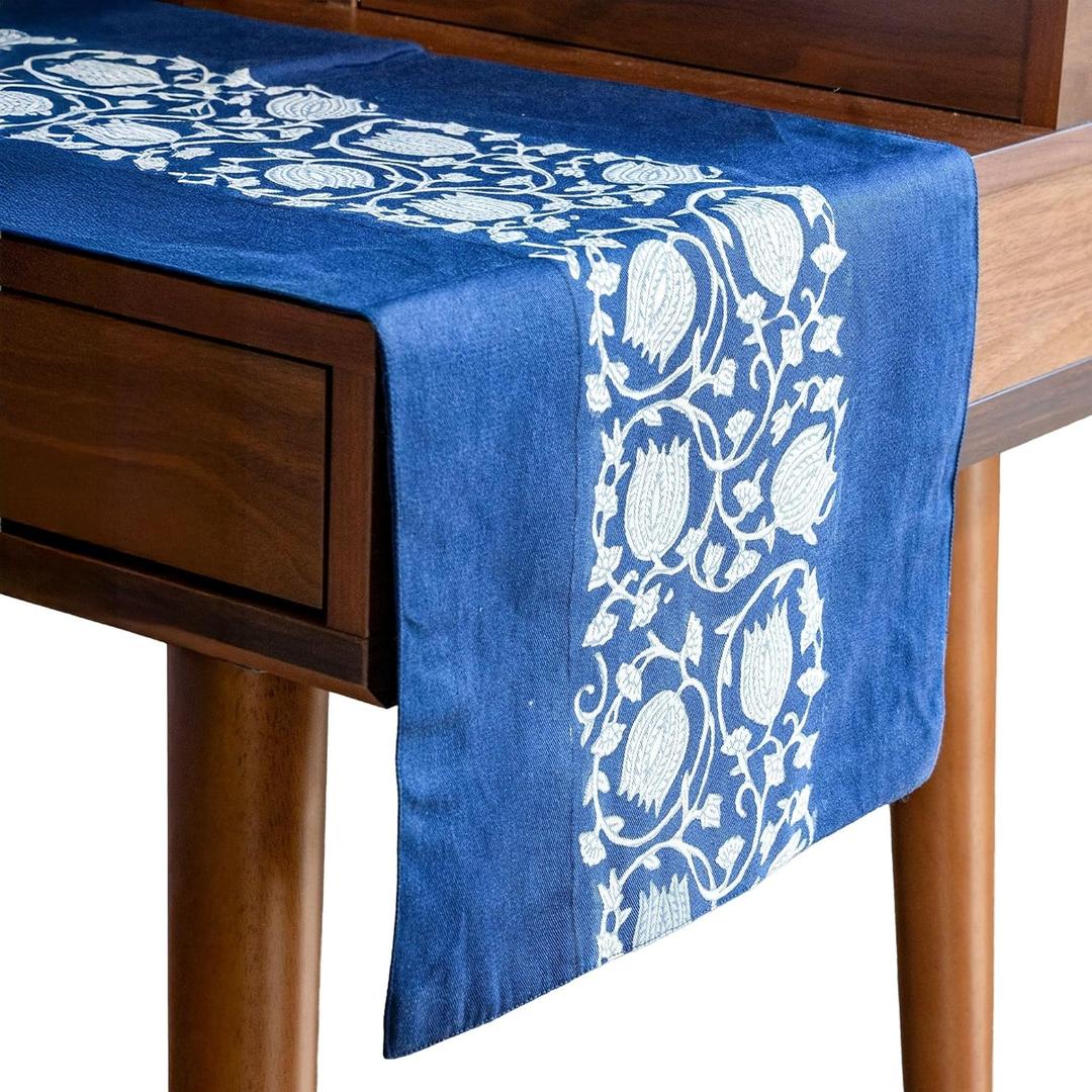 Artisan Cotton Table Runner  Premium Handmade Boho Indian Runner with Floral Details | Elegant Washable & Sustainable Made Indian Table Linens for Any Occasion (Blue Lotus,76 inches)