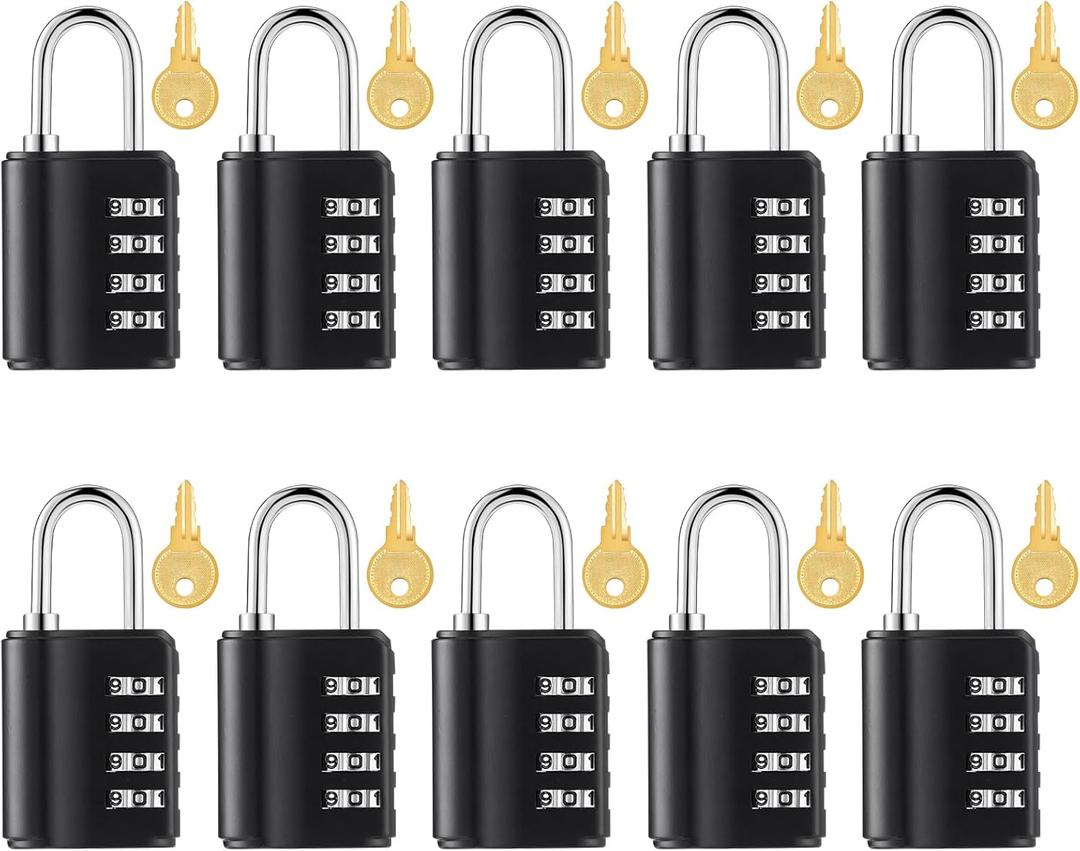 Kenning 10 Pcs Combination Padlock 4 Digit Combination Lock with Keys Locker Resetable Security Outdoor Waterproof Gate Lock for School Sports Gym Locker Employee Fence Case (Black)