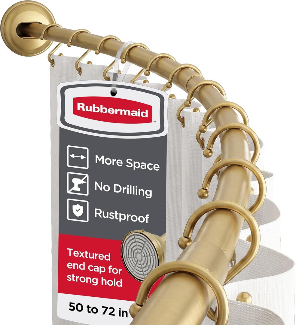 Rubbermaid Curved Shower Curtain Rod, No Drill, 50-72 Inches Adjustable Tension Shower Rod for Bathroom, Non-Slip, No Rust, Gold