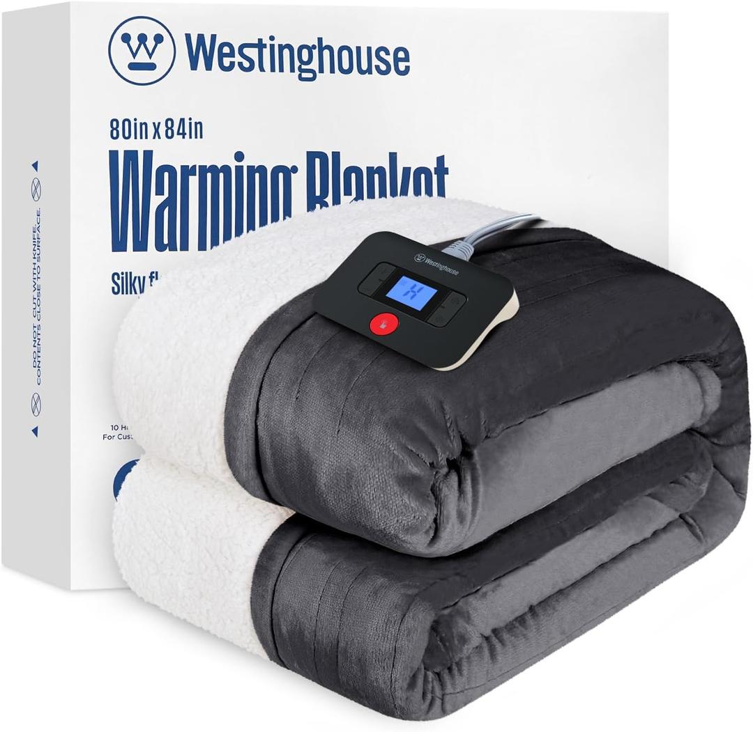 Westinghouse Electric Blanket Full, Heated Blanket Full Size with 10 Heating Levels and 1 to 12 Hours Heating Time Settings, Flannel to Sherpa Reversible, Machine Washable (80" x 84", Charcoal)