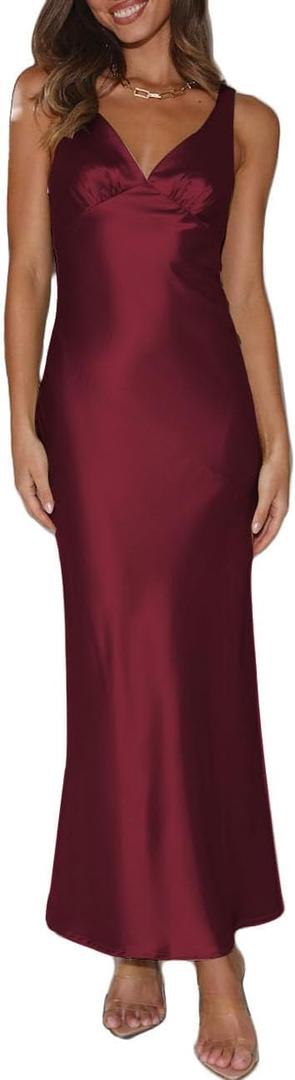Womens Elegant Satin V Neck Backless Sleeveless Maxi Dress Silk Tie Low Back Formal Cocktail Dresses Wedding Guest (Red, M)