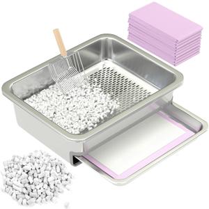 Dual-Layer Stainless Steel Cat Sifting Litter Box - Odor Control Tray with Zeolite Litter Pellets, Includes Scoop, Pads & Trays