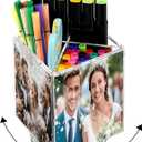 Sherr Acrylic Rotating Photo Pen Holder for Desk, 4-side Photo Cube Magnetic Picture Frame Pen Pencil Holder for Photos of 4" x 6" for Office Desk Tabletop Organizer Decor