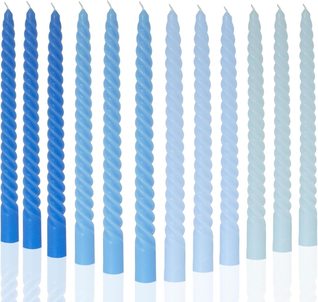 MAITREYA Blue Taper Candles Stick Spiral Twisted Candles-Set of 12 for Decoration Weddings Party Church-Unscented Dripless Candles,10inch(F-Gradient Blue)