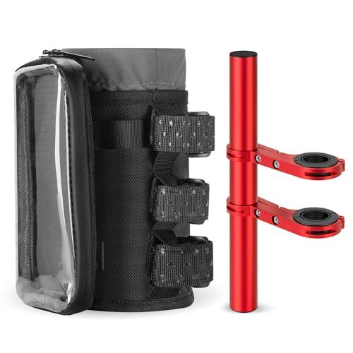 rubertyle Bike Water Bottle Holder with Mount | Fits Motorcycles, Strollers, Scooters, Wheelchairs | Waterproof Phone Bag | Mount Support More Bike Devices | Holds 3.6in Diameter Bottles (1, Black)