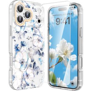 MILPROX Compatible with iPhone 17 Pro Flowers Case 6.3 inch - Cute Floral Pattern Design for Women Girls - Slim Clear Elegant Pretty Aesthetic Classy Exquisite Retro Girly Phone Cover - Blossom