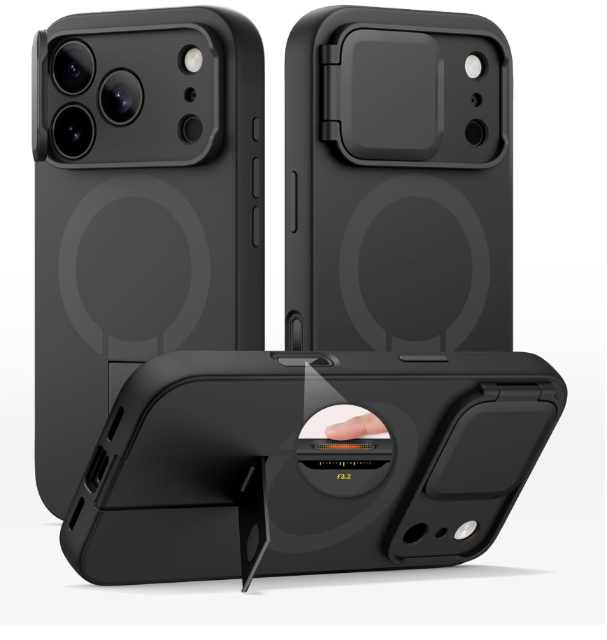 SURITCH for iPhone 17 Pro Max Case with Camera Control Cover, Camera Cover and Adjustable Kickstand, Compatible with MagSafe, Shockproof Bumper Protective Cases 6.9 Inch, Black