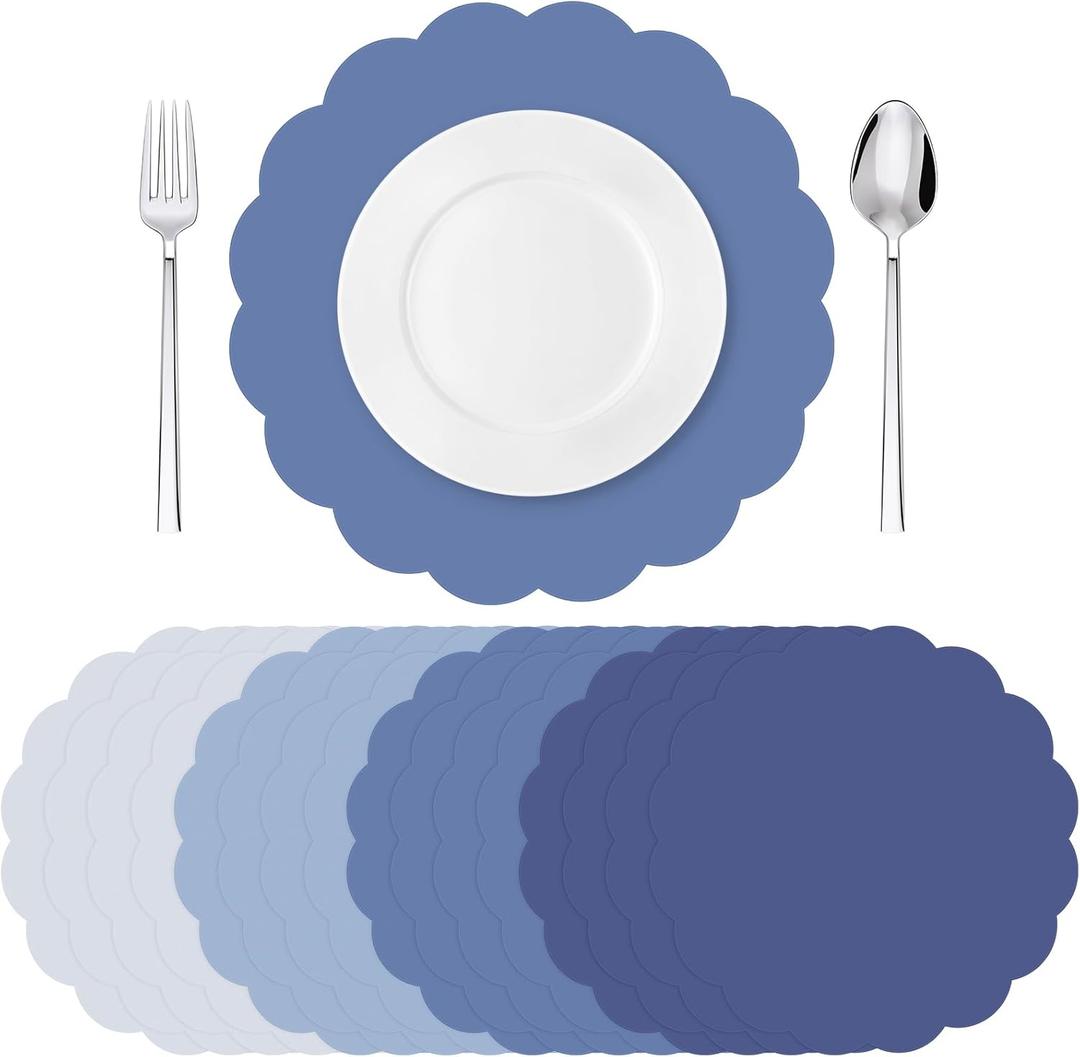 Tinlade 80 Pcs Grey Blue Paper Placemats 13.5 Inch Disposable Place Mats Decorative Round Scalloped Table Placemats for Wedding Banquet Bridal Birthday Party Supplies Dining Tableware Decor