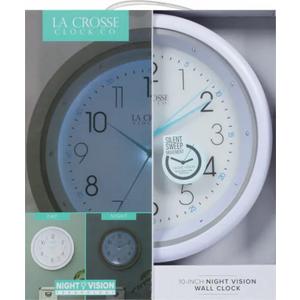 La Crosse Clock 10 Inch Night Vision White Silent Quartz Analog Clock, 404-4525