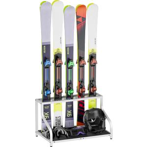 Ski Storage Rack for Garage  Freestanding Ski Holder for 5 Pair Skis, Helmet, Goggles, gloves, Indoor Snowboard Rack Organizer Stand for Home, Shed, Basement, White