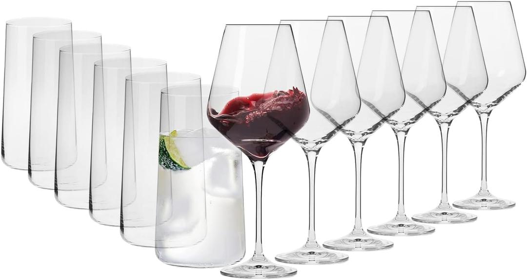 Krosno Glasses Set | 6x Red Wine Glasses 16.6 oz + 6x Tall Water Juice Drinking Glasses 18.3 oz | Crystal Glass | Perfect for Home, Restaurants and Parties | Dishwasher Safe