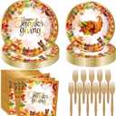 Thanksgiving Party Decorations Fall Party Supplies 96 PCS Fall Thanksgiving Disposable Dinnerware Set with Maple Leaves Gold Paper Plates Napkins and Forks for Harvest Celebrations