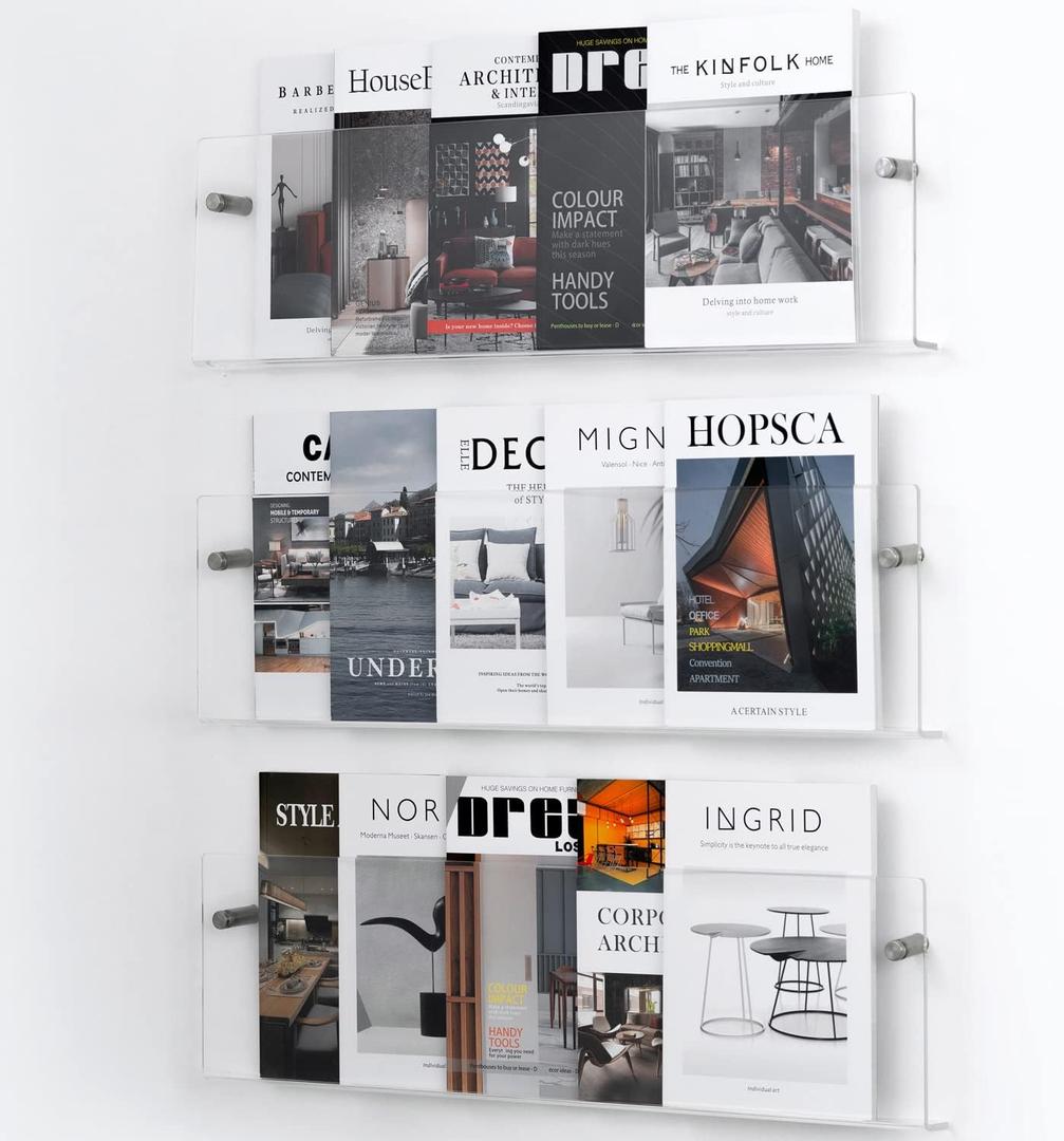 Clear Acrylic Brochure Holder Wall Mount 3 Tier, Hanging Bookshelf Magazine Rack Literature Storage Rack for Waiting Room, Living Room, Office, Home Display (L21"x W8")