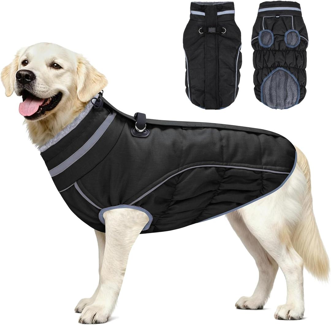 Malier Dog Coat, Reflective Dog Jacket Waterproof Windproof Puppy Cold Weather Coats with Harness Built in, Winter Extra Warm Pet Coat Fleece Vest for Small Large Pets and Puppy (Black, Small)