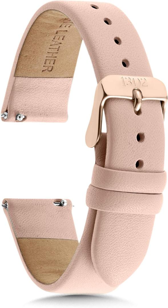 Leather Watch Bands for Women and Men, Quick Release Watch Band, 12mm,14mm,16mm,18mm,20mm and 22mm Easy Interchangeable Strap (Nude / Rose Gold Buckle)