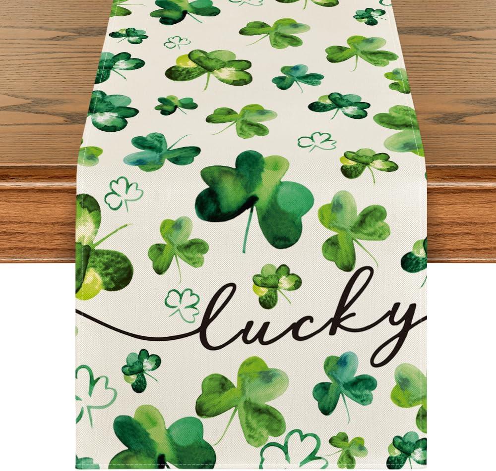 Artoid Mode Shamrock Lucky St. Patrick's Day Table Runner, Seasonal Spring Holiday Kitchen Dining Table Decor for Home Party Decor 13x90 Inch