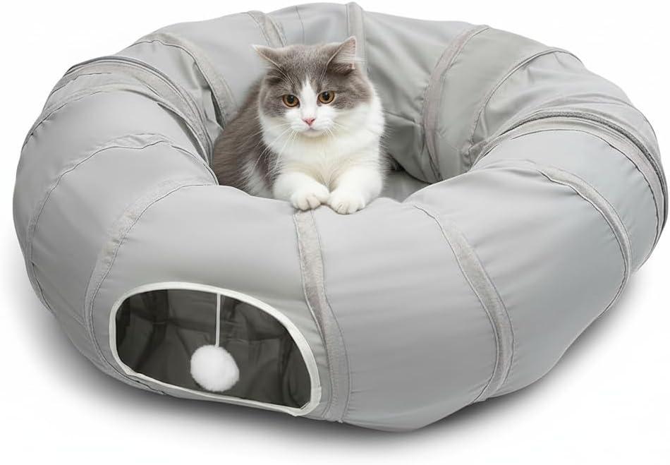 AUOON Cat Tunnel Bed for Indoor Cats - Large Cat Donut Tunnel with Hanging Ball Toy, Collapsible 2-in-1 Multifunctional Interactive Cat Toy for Kitten, Puppy, Rabbit, Ferret (Light Grey)