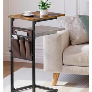 Vagusicc C Shaped End Table, 33"Tall Side Table for Couch, Adjustable Height Sofa Table Small Couch Side Tables, Slide Under Recliner TV Tray Arm Tables with Metal Frame for Living Room,Bedroom,Brown