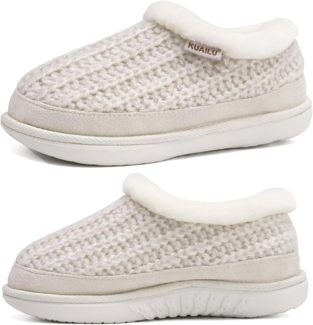 KuaiLu House Slippers for Women Comfortable Memory Foam Plaid Slipper Ladies Warm Fuzzy Plush Fur Lined Winter Home Shoes Orthotic Plantar Fasciitis Arch Support Indoor Outdoor (White)