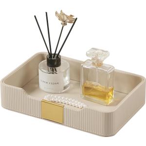 Valet Tray Desktop Storage Organizer, PU Leather Catchall Bedside Vanity Tray with Brass Accents Block Nightstand Organizer for Keys Watch Wallet Phone, Decorative Nightstand Storage (Beige)
