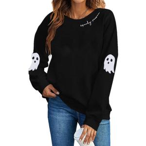 HEBBE Spooky Season Sweatshirts Halloween Ghost Sweatshirt Women - Halloween Graphic Crewneck Tops Casual Sweater (Black, XL)