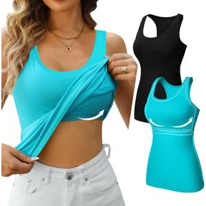 V FOR CITY Women's Shelf Bra Tank Tops Racerback Workout Camis Yoga Shirt Cotton Undershirt 2 Pack (Large, Black/Aqua)