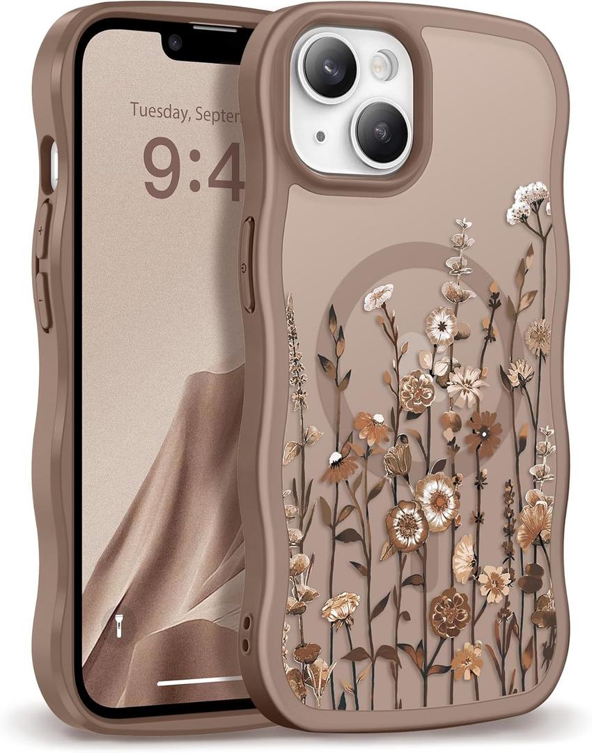 GVIEWIN Cute for iPhone 14 Case & iPhone 13 Case [Compatible with MagSafe] [Curly Wave Edge] Floral Translucent Magnetic Shockproof Protective Phone Cover for iPhone 14/13 6.1'', Floratopia/Brown