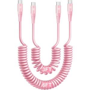 USB C to USB C Cable [3FT+6FT], 2Pack Coiled USBC Cable for Car USB Type C Fast Charging Cable, CarPlay iPhone USB-C Cable/Android Auto USB C Cord for iPhone 17/16/ 15/Pro Max/Samsung Galaxy S23-Pink
