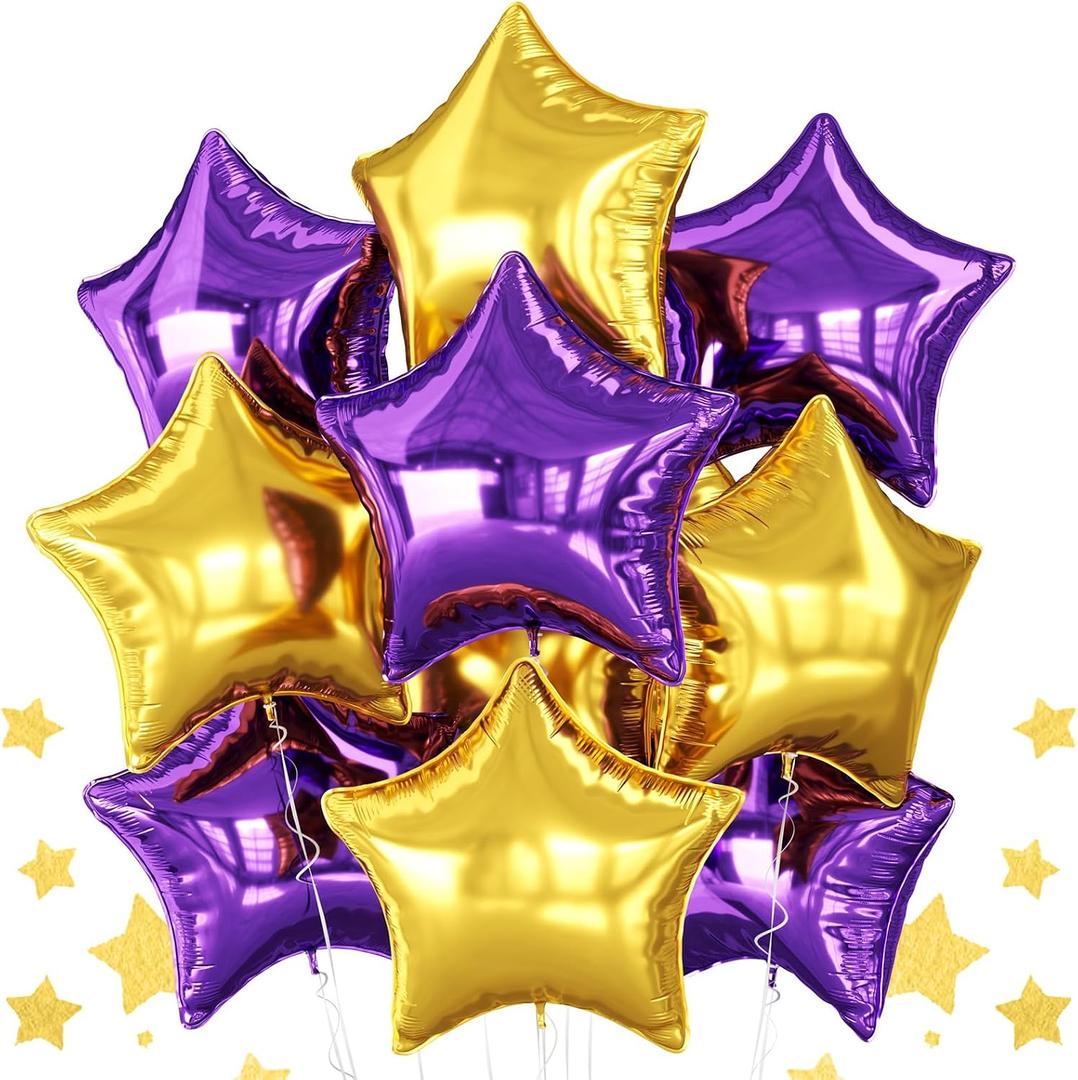Purple Gold Star Foil Balloons, 10PCS Foil Stars Shape Balloons, 18 Inch Metallic Purple and Gold Stars Balloon Pentagram for Helium for Birthday, Carnival, New Years, Graduation Party Decorations