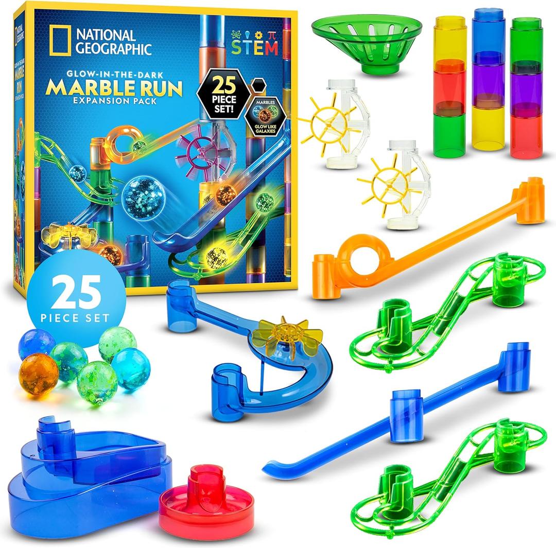 NATIONAL GEOGRAPHIC Glowing Marble Run Expansion Pack - 5 Glow in The Dark Glass Marbles, 20 Construction Pieces, Great Creative STEM Toy for Girls and Boys, Marble Maze