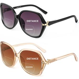 JM 2 Pack Bifocal Reading Sunglasses for Women, Fashion Oversized Sun Readers UV400 Protection Spring Hinges +3.50(Black&Brown)