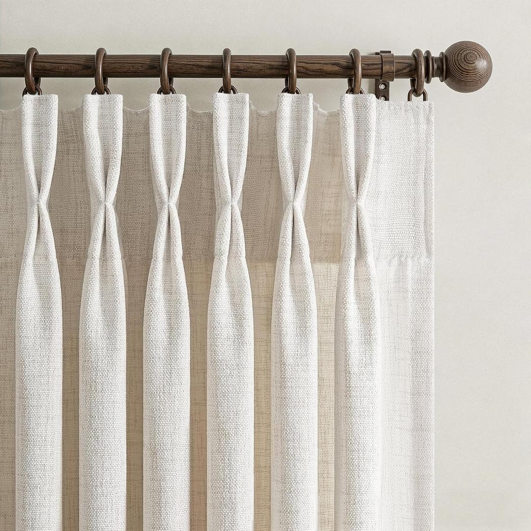 Birch Pinch Pleated Short 63 Inch Curtains for Kitchen Windows 2 Panels Set, Memory Trained Pinch Pleat Light Filtering Sheer Boho Cafe Curtain Natural Linen Privacy Small Drapes with Rings 50W x 63L