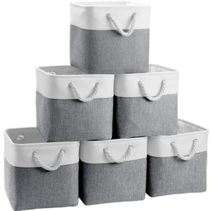 Fabric Cubes Storage Basket, 6 Pack 11x11 in with Handles Foldable Cube Storage Bins, for Shelves, Home, Office, Nursery Organizers (White/Grey-6 Pack)