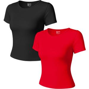 OQQ Women Short Sleeve 2 Piece T-Shirts Crew Neck Fitted Basic Tee 2025 Summer Crop Top Black Red, Large