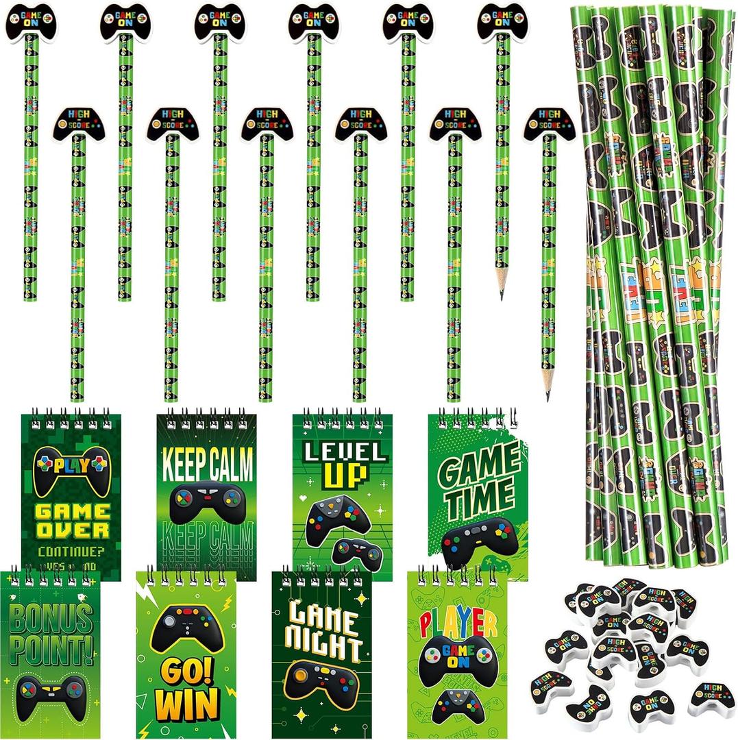 72 Pack Video Game Party Favors Pencil Stationery Set 48 Pcs Pencil with Eraser Party Gift 24 Pcs Game Pattern Mini Spiral Notepad Memo Pad for Back to School Classrooms Reward Prizes