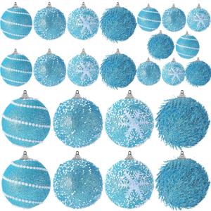 24 Pcs Glitter Christmas Tree Ornaments, Assorted Sizes Sequin Snowflake Shatterproof Christmas Ball Hanging Ornament Set for Xmas Holiday Party New Year Home Decorations(Gold, White)