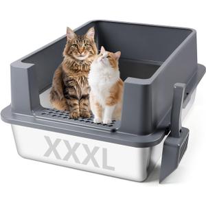 XXXL Stainless Steel Litter Box, 27.6" H x 19.7" W x 11.8" H Extra Large Metal High Sided Cat Litter Box with Scoop, Leak-Proof, Easy Clean for Big Cats/Multiple Cats (Dark Grey)