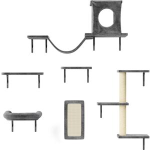 NUNU LAB Cat Wall Shelves, 6 Pcs Luxury Wall-Mounted Cat Climber Set, Indoor Cat Furniture with 1 Condos House, 2 Cat Wall Shelves, 1 Scratching, 1 Bridge Ladder, 1 Scratching Pad, Dark Gray