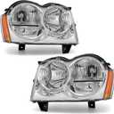 Headlight Compatible with Jeep Grand Cherokee 2005 2006 2007 Chrome Housing Amber Reflector Replacement Pair (Chrome Housing Amber Reflector Clear Lens)