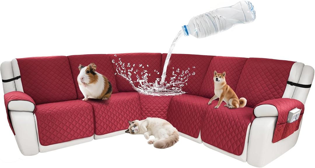 Waterproof Sectional Reclining Couch Covers L Shaped Recliner Sectional Sofa Cover 7 Piece Non Slip Washable Corner Recliner Slipcover Set for Pet Dog (5 Seater Cover, Red)