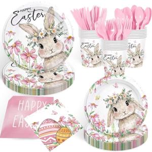 168PCS Easter Party Supplies Happy Easter Party Decorations Vintage Bunny Flower Paper Plates Napkins Cups Cute Rabbit Wlidflower Themed tableware for Spring Holiday Picnic Serve 24