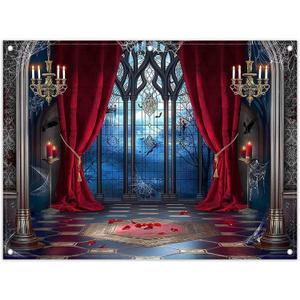 8x6ft Fabric Halloween Vampire Medieval Castle Backdrop Gothic Window Red Curtain Bats Photography Background Haunted House Party Decor Photo Props