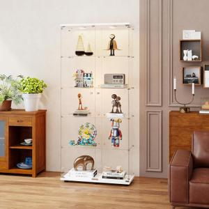 Zevemomo 5-Tier Tempered Glass Display Cabinet with Lights, Curio Cabinet with Glass Doors and Lock, Glass Display Case for Collectibles, for Living Room Bedroom Office, Double Door, White, 30.91 inches W x 13.58 inches D x 73.74 inches H