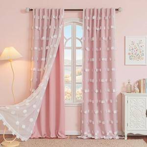 MYSKY HOME Pink Curtains for Girls Bedroom Nursery Curtain Double Layer White Pom Pom Sheer Window Panels for Kids Room Back Tab Room Darkening Window Drapes 72 Inches Length, W52 X L72, 2 Pieces
